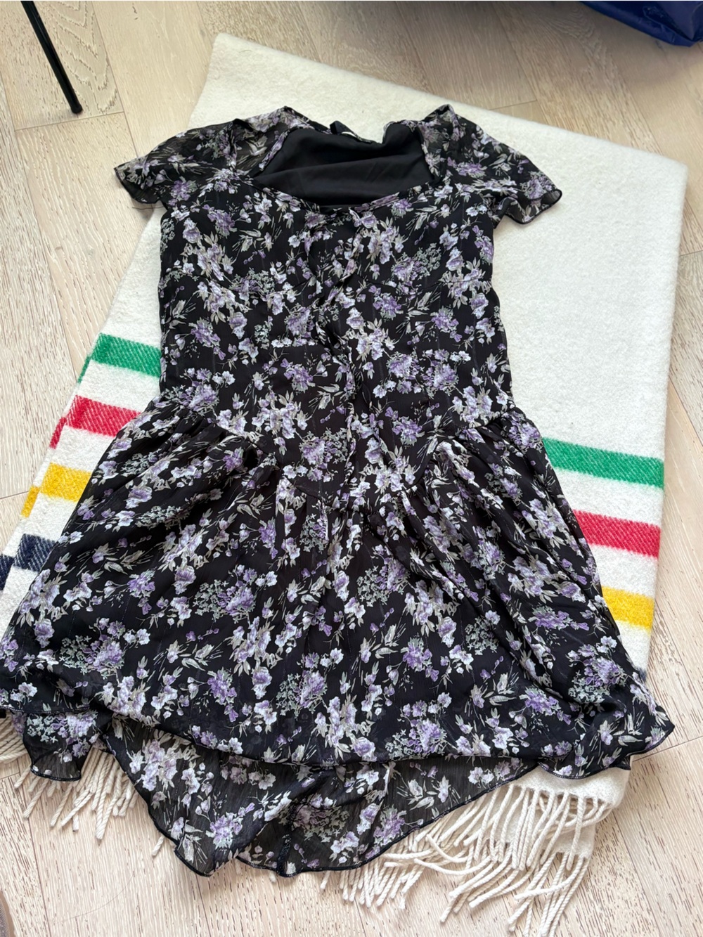 Cider Black Floral Mini Dress with Lavender and White Print